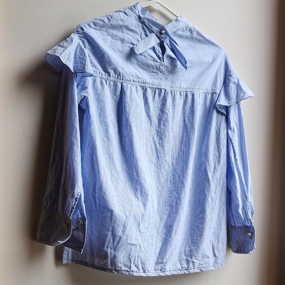 Blue Ruffled Micro-Striped Blouse Size Medium - Picture 11 of 16